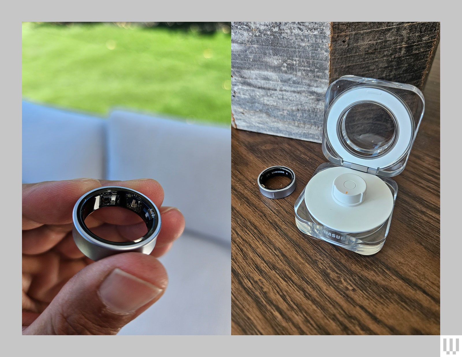 Hand holding a small silver ring  and a silver ring sitting on a desk beside a clear holding case