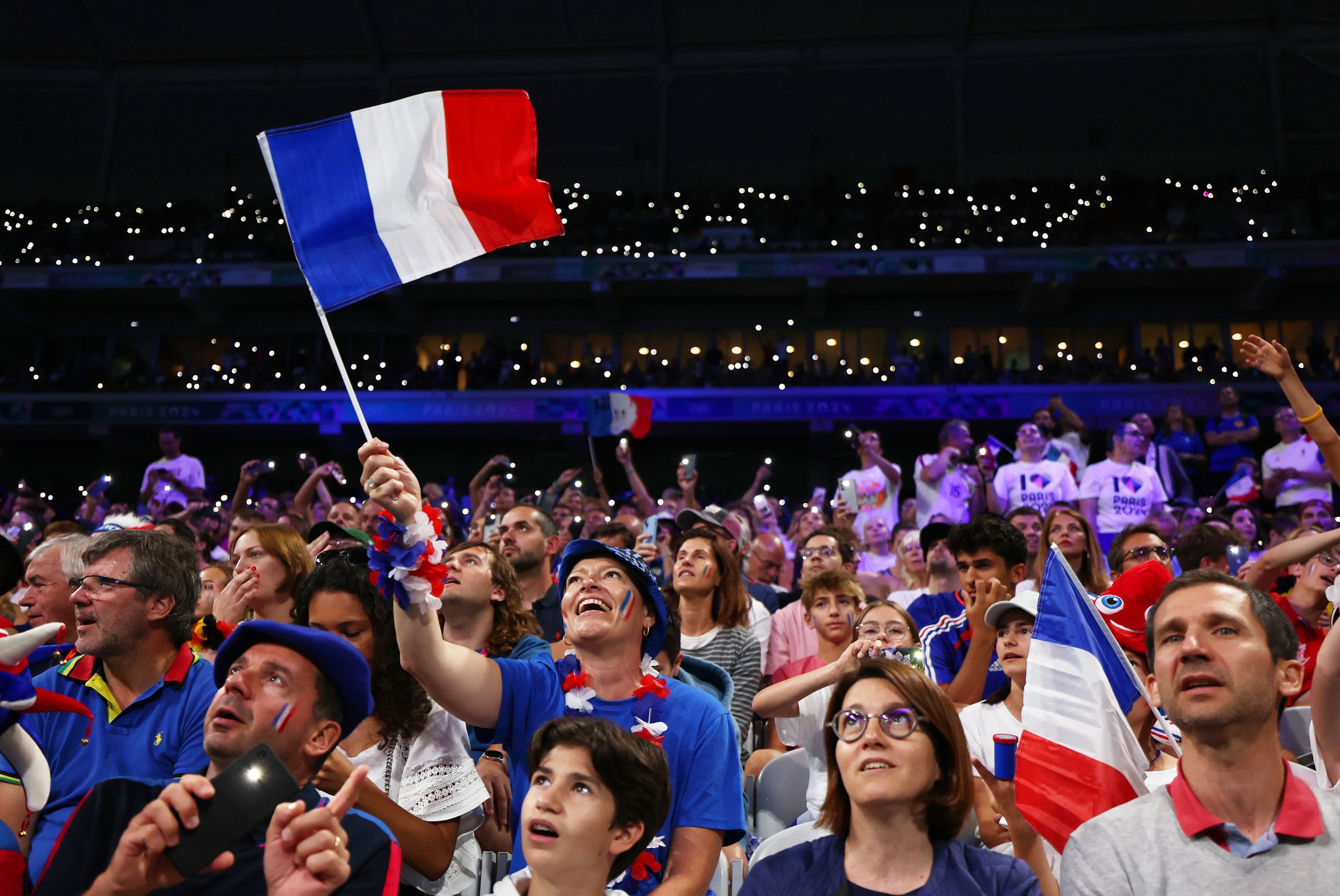 France supporters are seen during the men’s quarterfinal handball match between Team Germany and Team France at the 2024 Olympics.