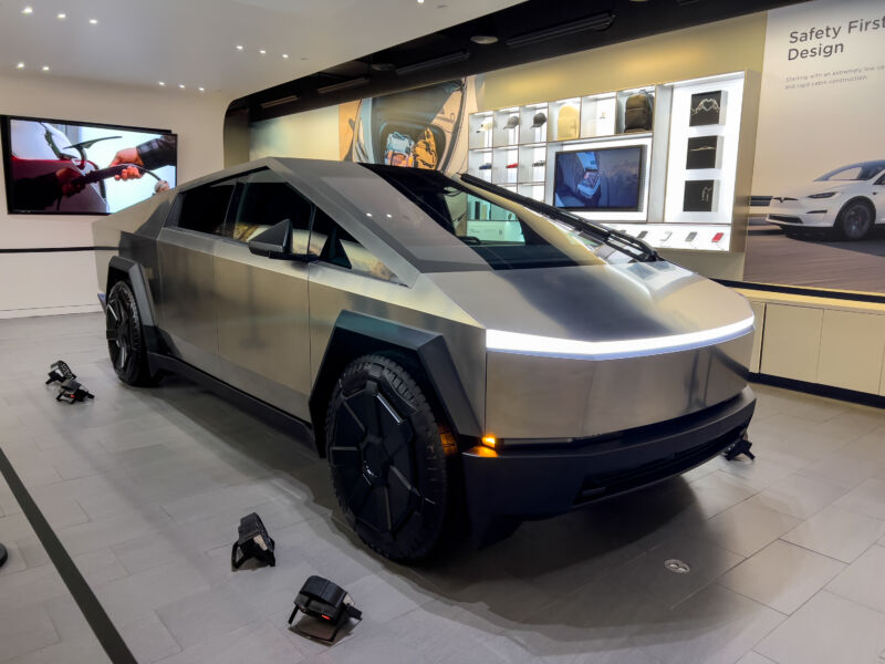 A Tesla Cybertruck in a Tesla store