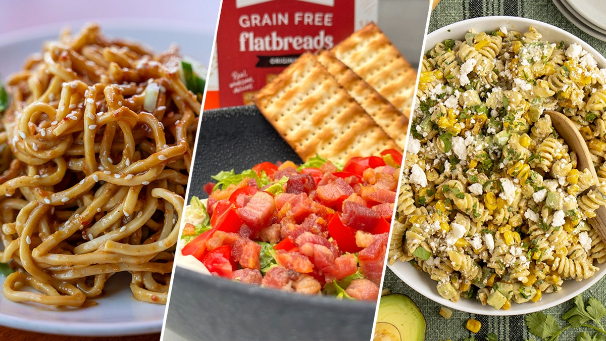 A split image of a sesame peanut pasta salad, a BLT dip, and a Mexican street corn-inspired pasta salad.