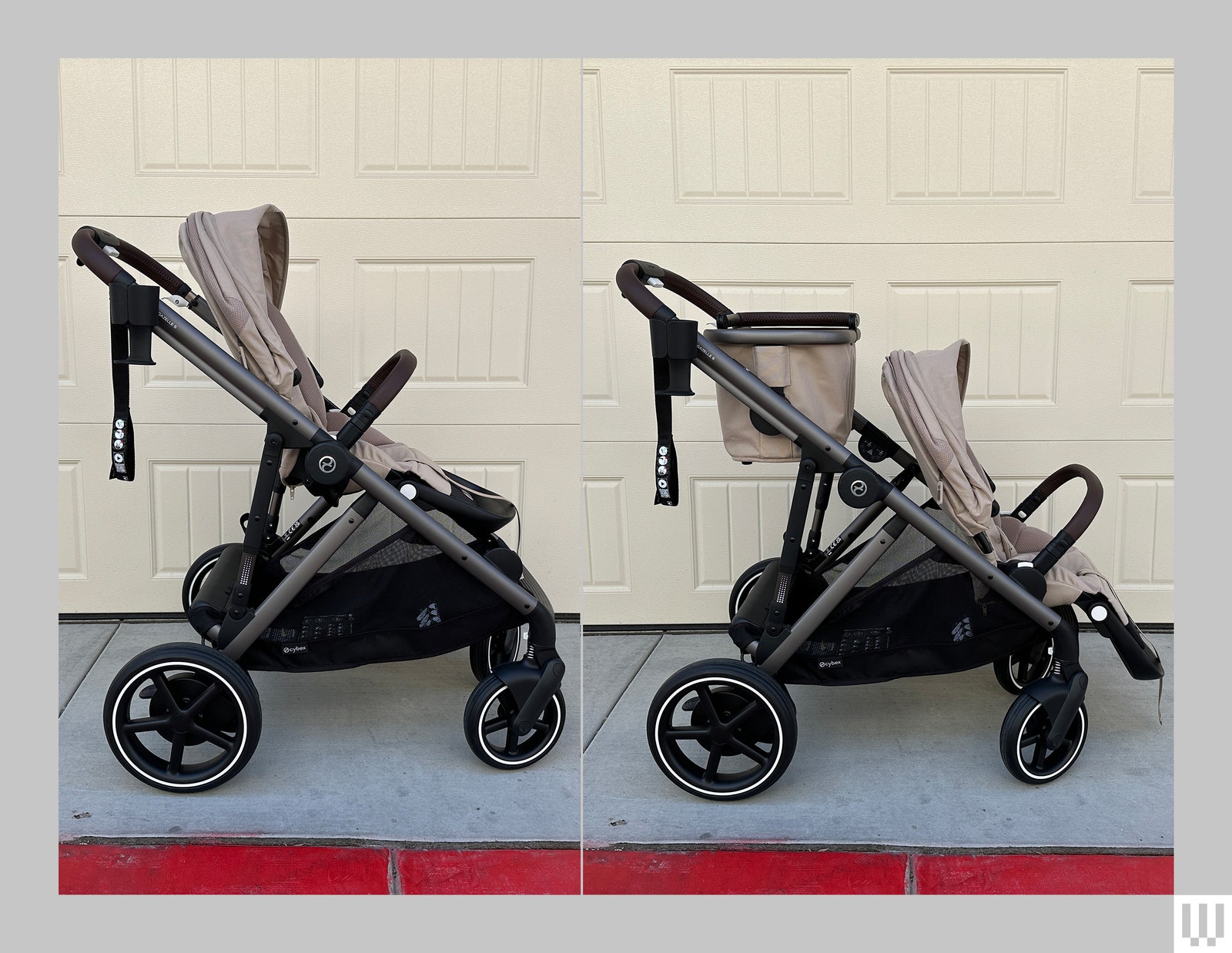 Two side views of the same stroller comparing what it looks like with and without the top basket