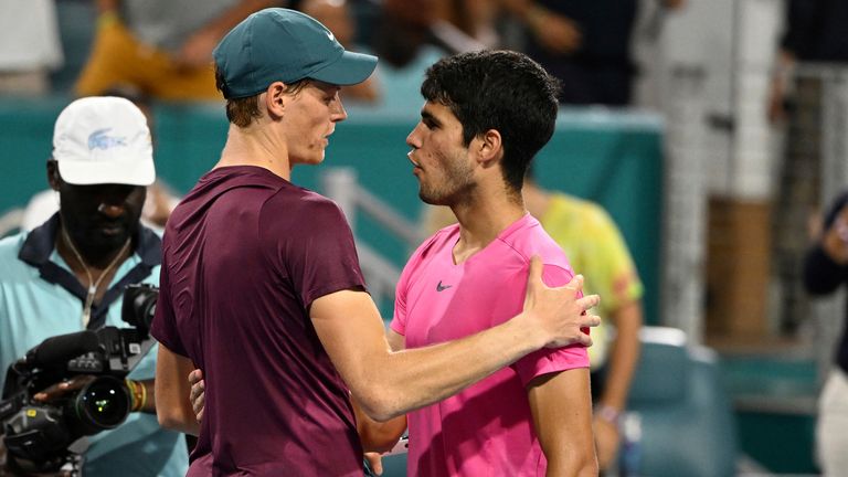 MIAMI GARDENS FL - MARCH 31: Carlos Alcaraz Vs Jannik Sinner during the Mens Semi Finals at the 2023 Miami Open held at at Hard Rock Stadium on March 31, 2023 in Miami Gardens, Florida. Credit: mpi04/MediaPunch /IPX