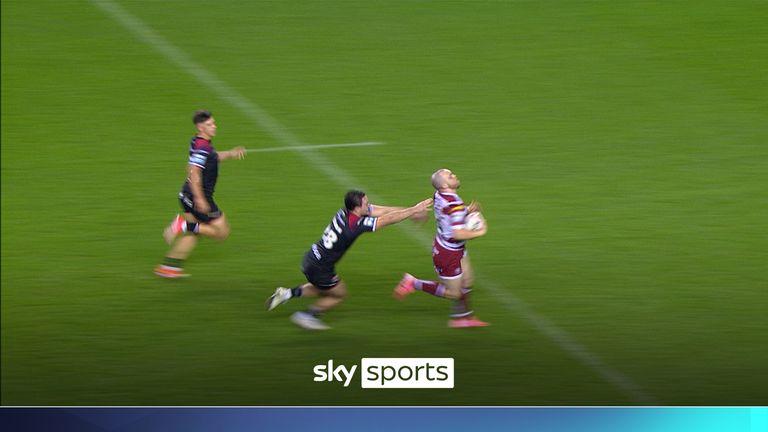 Wigan Warriors' Liam Marshall gets his second try of the evening against Salford Red Devils