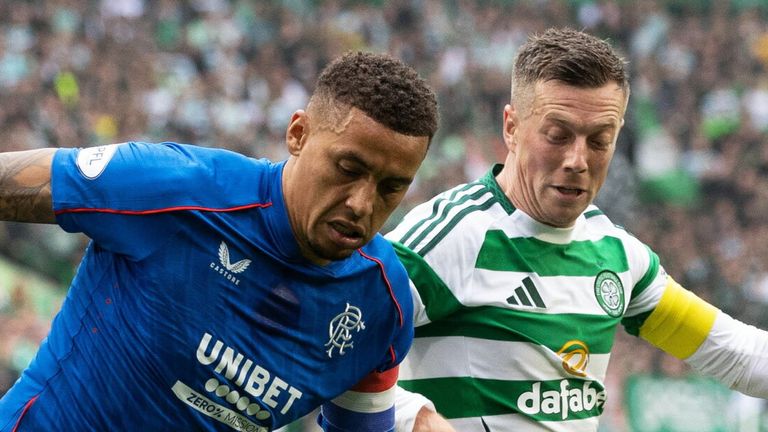 GLASGOW, SCOTLAND - SEPTEMBER 01: Rangers' James Tavernier and Celtic's Callum McGregor in action during a William Hill Premiership match between Celtic and Rangers at Celtic Park, on September 01, 2024, in Glasgow, Scotland. (Photo by Craig Williamson / SNS Group)