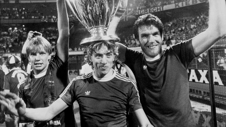 Gary Shaw (left) celebrates with Tony Morley and Peter Withe after Villa beat Bayern Munich 0-1 to lift the European Cup in 1982