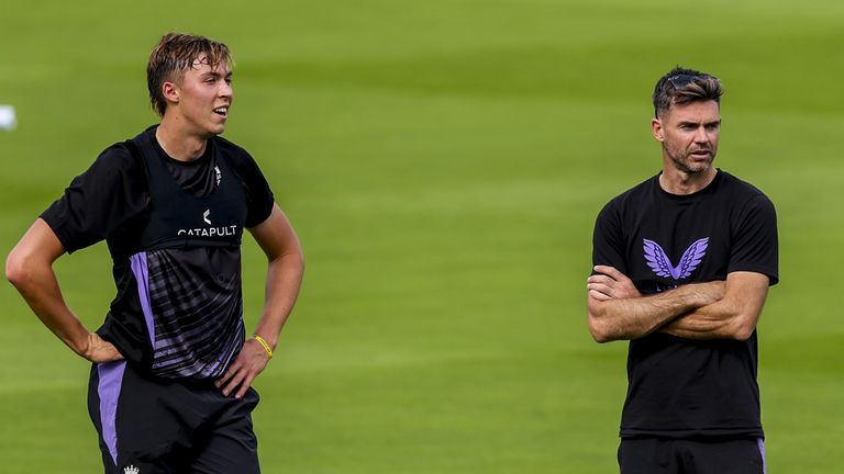 England�s fast bowling mentor James Anderson talking to Josh Hull during a nets session at Lord's, London. Picture date: Wednesday August 28, 2024