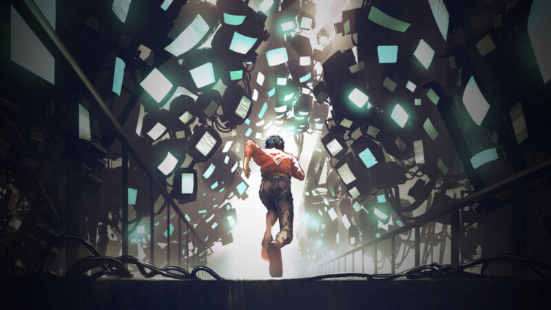 Cyberpunk concept showing a man running along a futuristic path full of monitors.