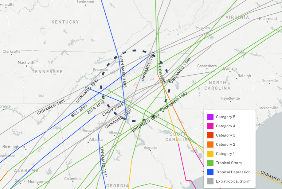 Tropical storms and hurricanes have run through western North Carolina in the past.