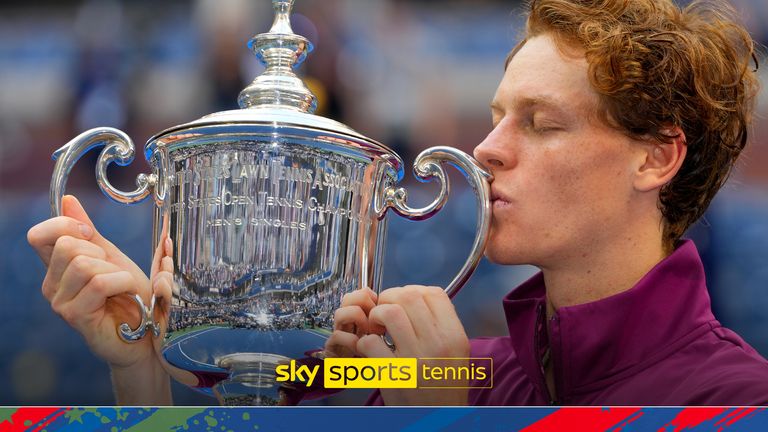 Jannik Sinner, of Italy, kisses the championship trophy after defeating Taylor Fritz, of the United States, in the men's singles final of the U.S. Open tennis championships, Sunday, Sept. 8, 2024, in New York.