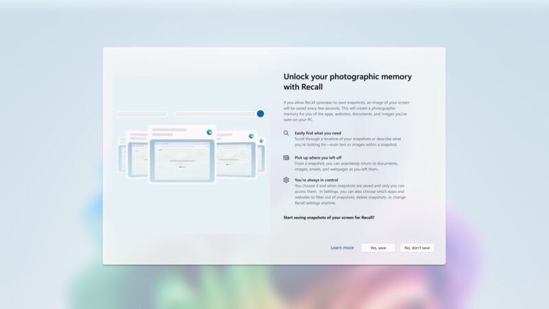 An updated onboarding screen for Recall, with clearly visible buttons for opting in or out; Microsoft says Recall will be opt-in by default and can even be removed from PCs entirely.