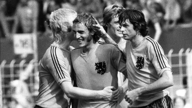 Johan Neeskens (second left) is congratualted by team-mates after scoring for the Netherlands against Bulgaria in the 1974 World Cup group stage