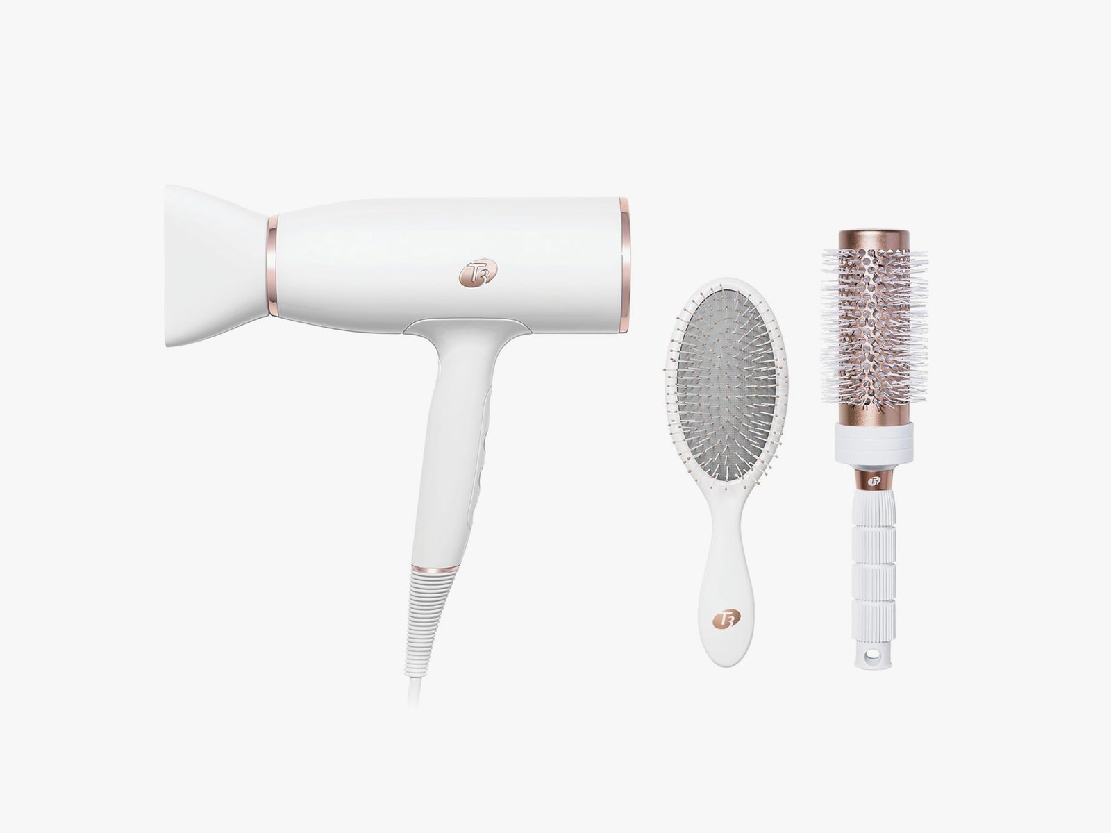 White hair dryer white hair brush with ovalshaped head and white and gold hair brush with cylindrical barrel