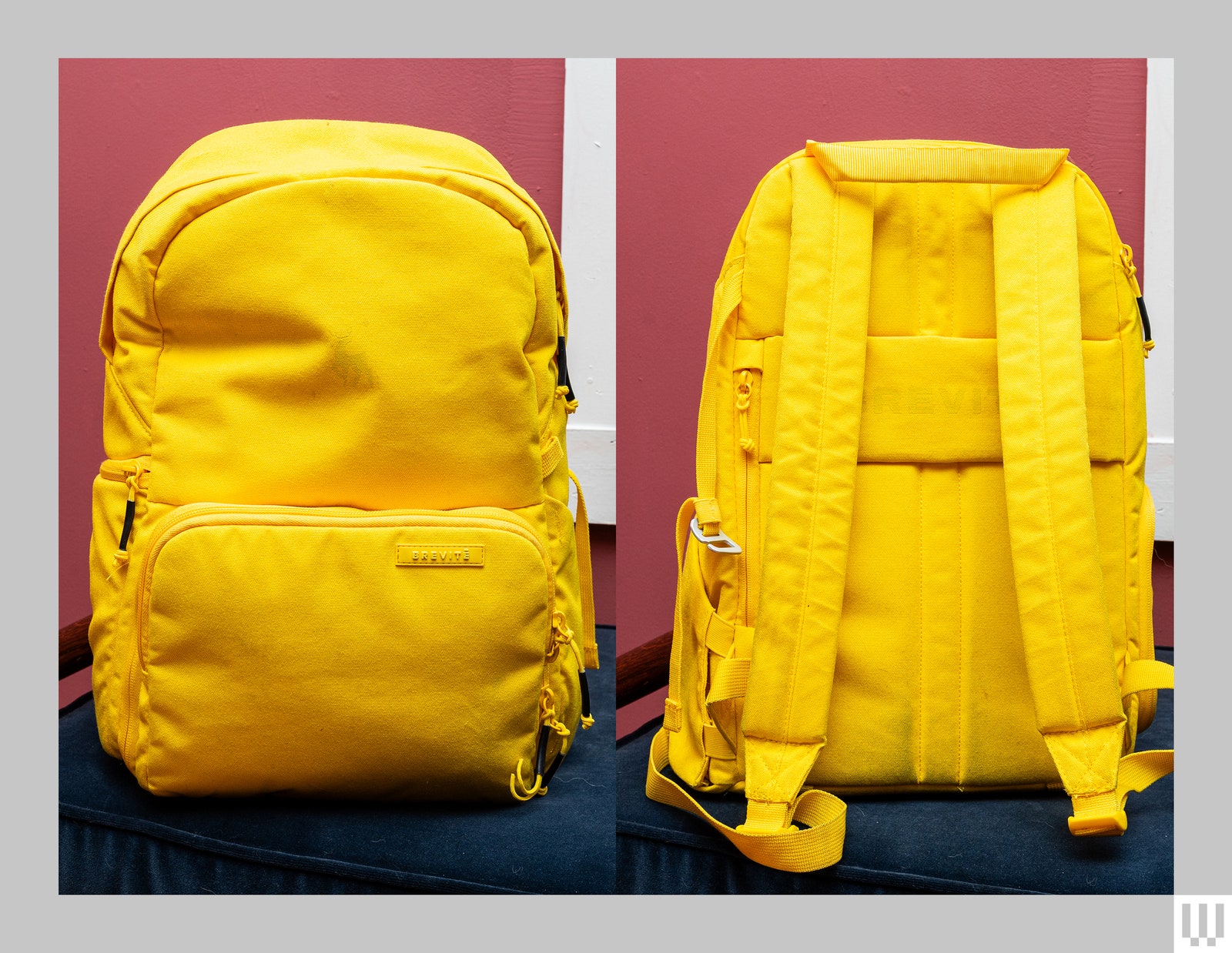 Front and back view of a yellow backpack