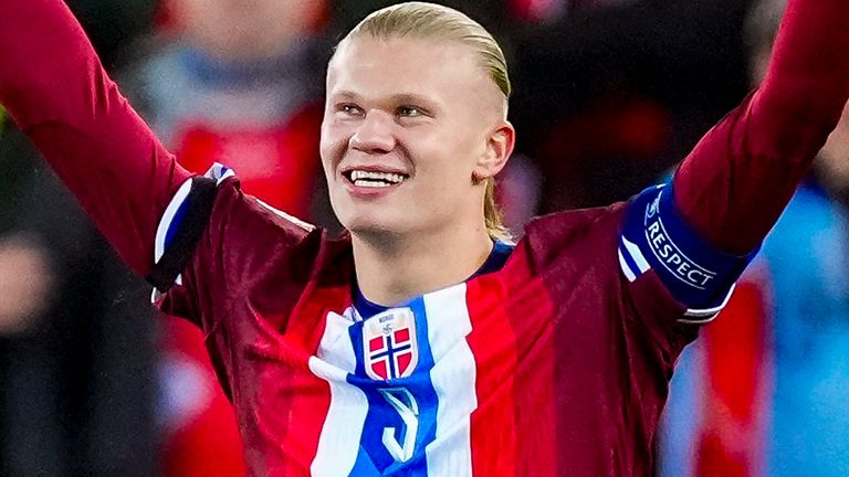 Norway's Erling Haaland celebrates during the Nations League soccer match between Norway and Slovenia at Ullevaal Stadium, Thursday, Oct. 10, 2024, in Oslo, Norway. (Terje Pedersen/NTB Scanpix via AP)