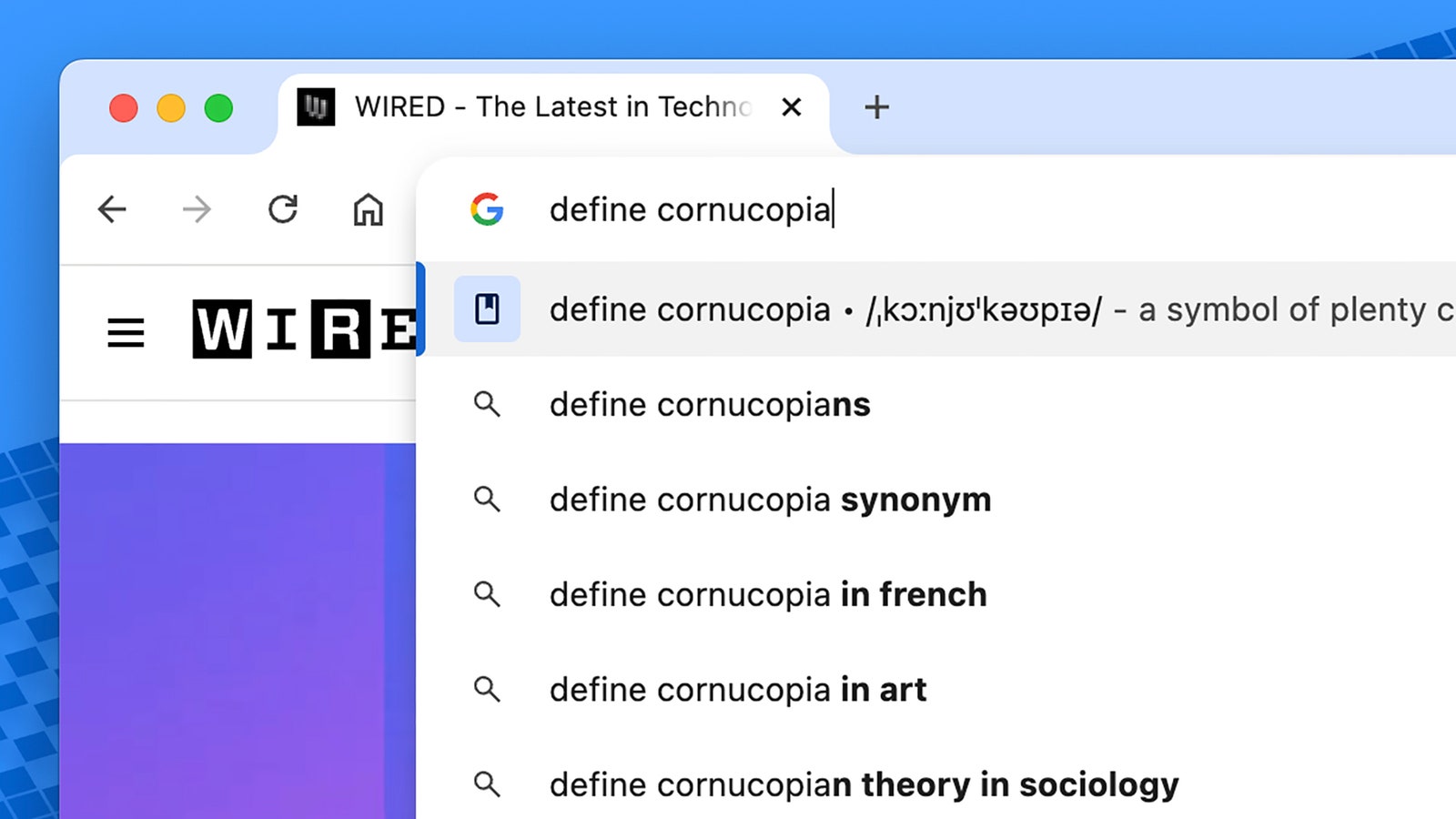 Screenshot of typing define cornucopia into the Chrome address bar