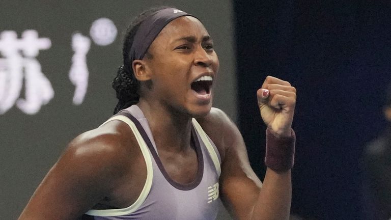 Coco Gauff of the United States reacts during her women's singles final match against Karolina Muchova of Czech Republic at the China Open tennis tournament at the National Tennis Center in Beijing, Sunday, Oct. 6, 2024. (AP Photo/Achmad Ibrahim)