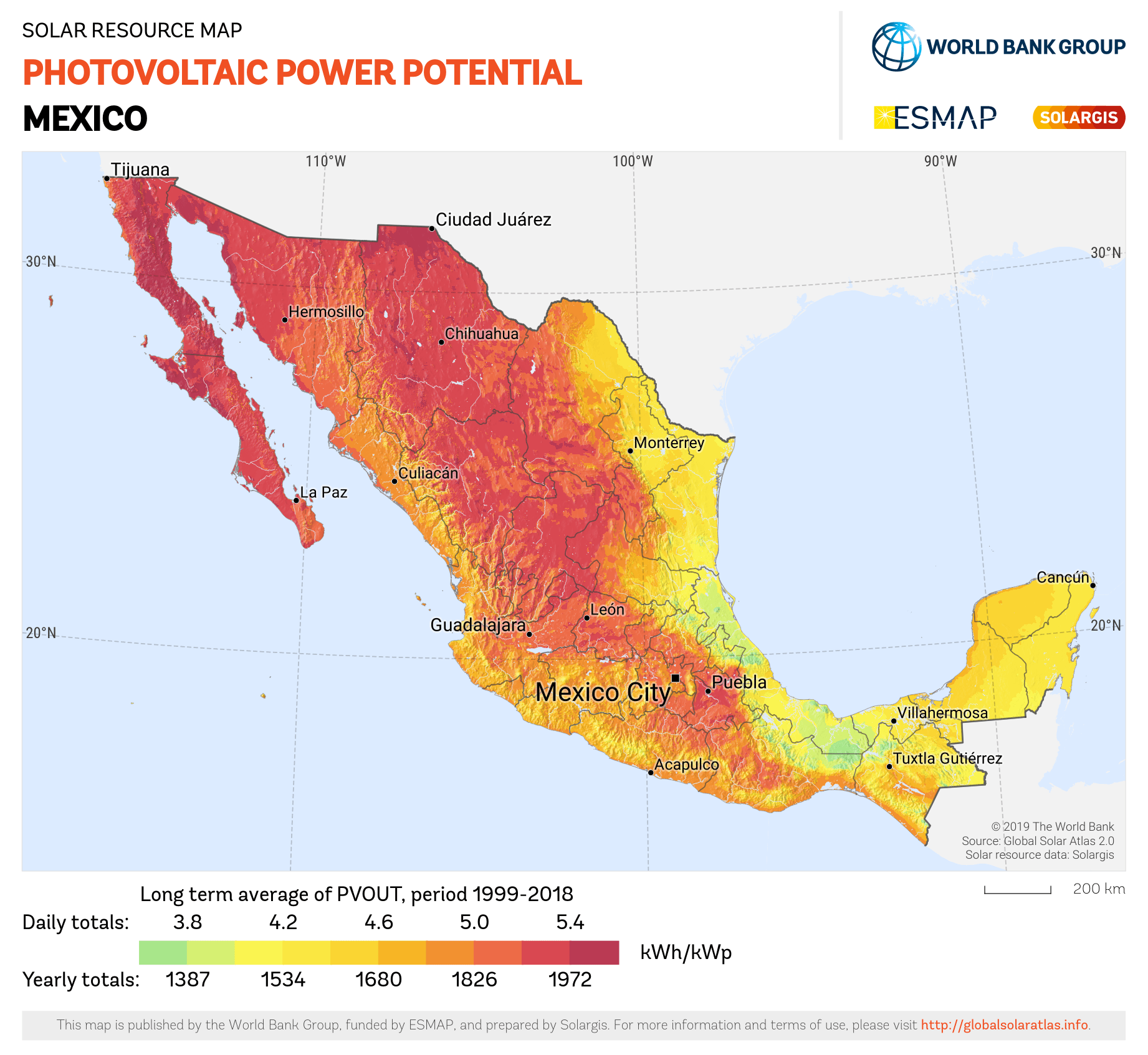 Map of photovoltaic energy potential in Mexico.