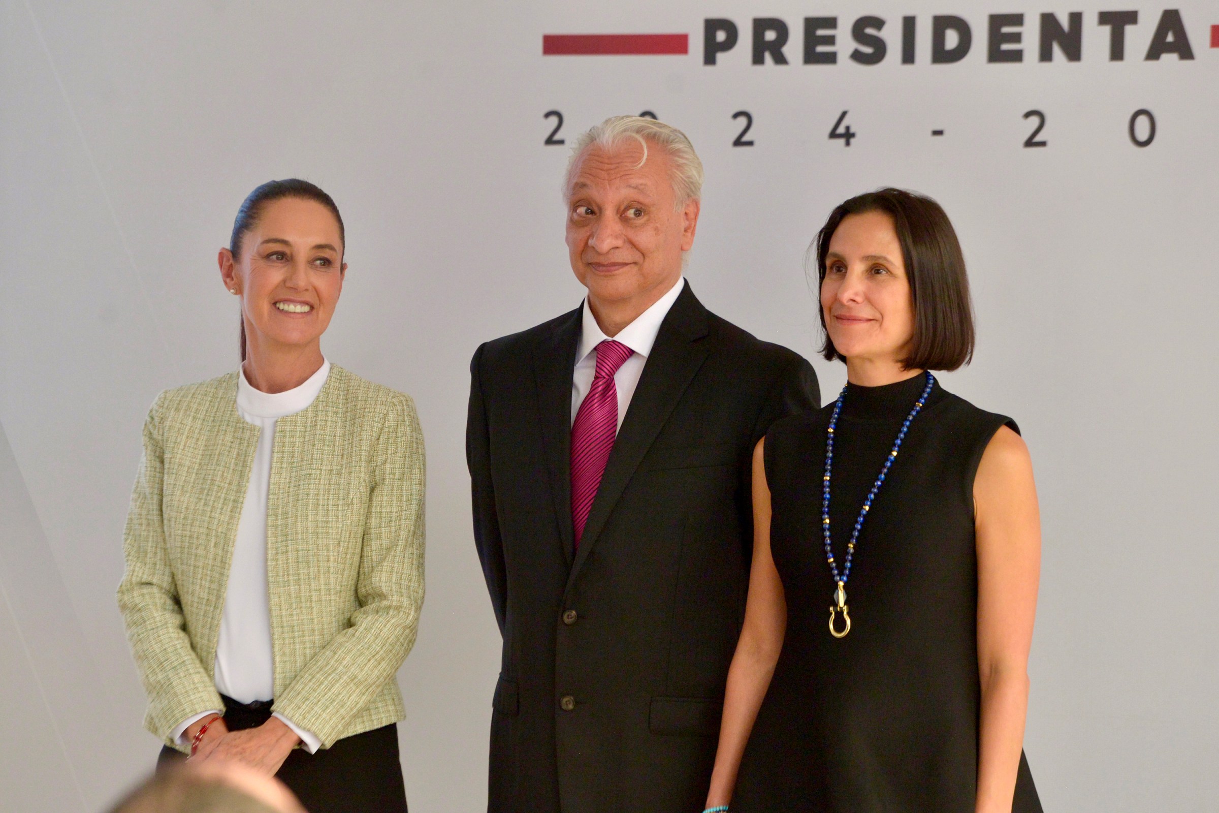 President-elect Claudia Sheinbaum poses next to the incoming Pemex head Victor Rodriguez Padilla and incoming energy secretary Luz Elena Gonzalez after a press conference on August 26, 2024, in Mexico City, Mexico.