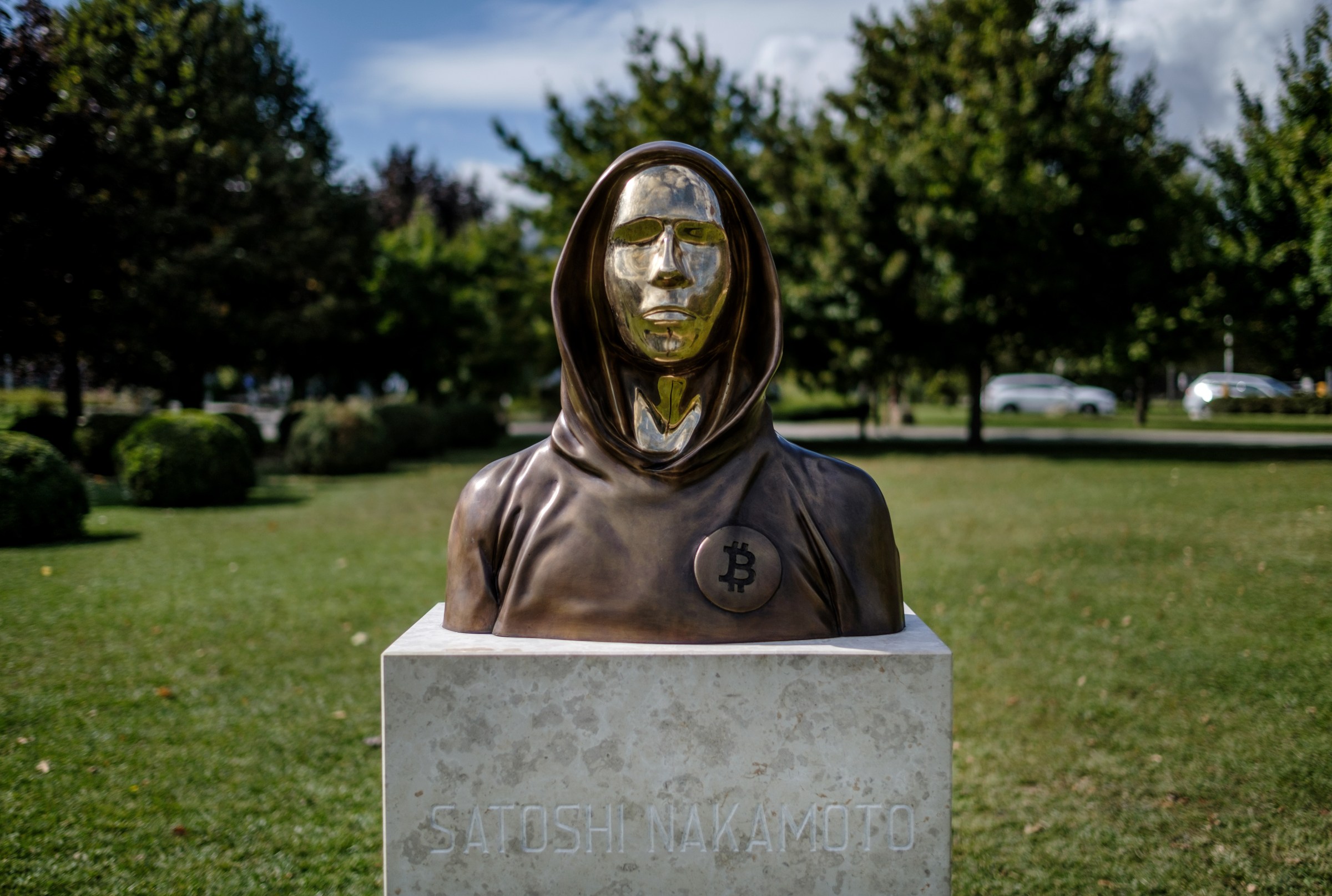 A statue honoring the anonymous Satoshi Nakamoto, the creator of Bitcoin, in Budapest, Hungary.