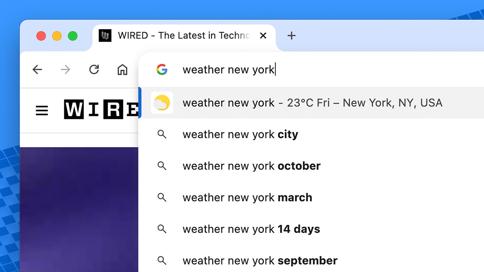 Screenshot of typing weather new york into the Chrome address bar