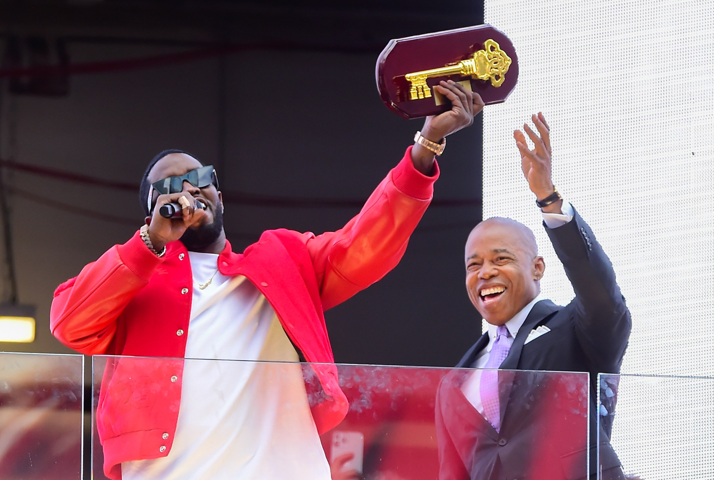 Sean Combs receiving the key to the city from Mayor Eric Adams in Times Square on September 15, 2023.