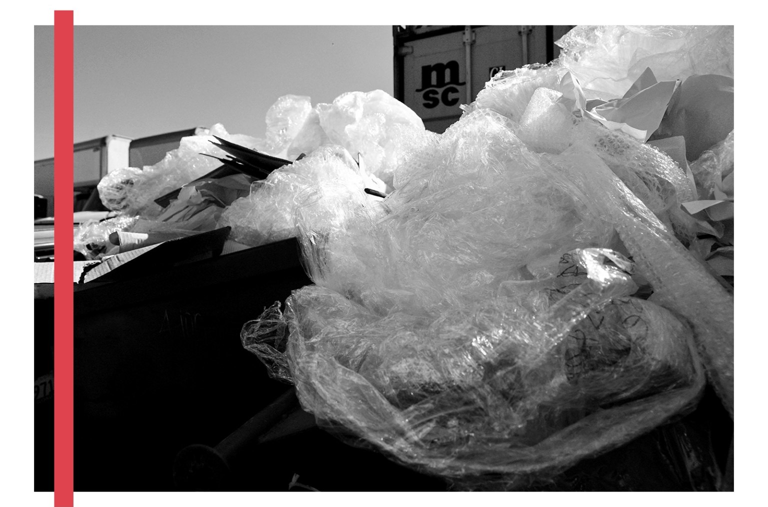 A black and white photo of a large plastic bag of garbage. The collage has a red vertical stripe to the side of the image.