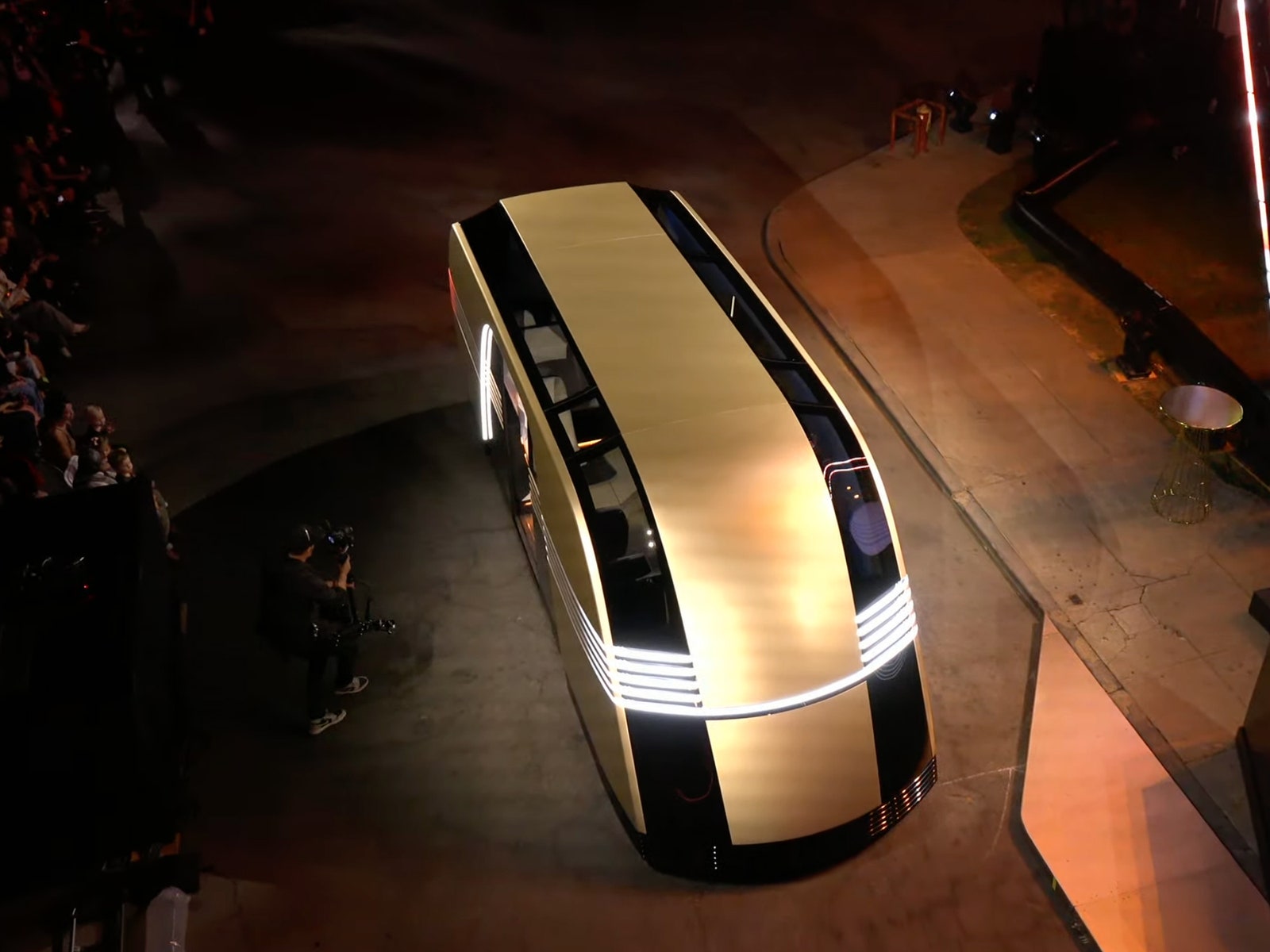 Overhead photo of Tesla's Robovan autonomous vehicle.