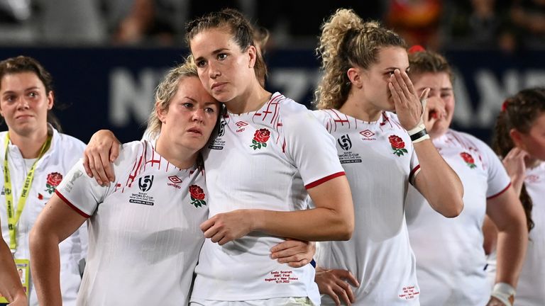 England players console each other after their loss to New Zealand in the final of the women's rugby World Cup at Eden Park in Auckland, New Zealand, Saturday, Nov.12, 2022. (Andrew Cornaga/Photosport via AP)