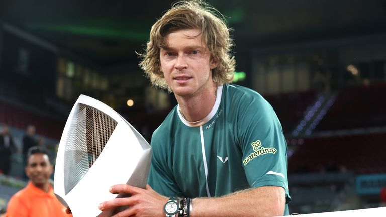 Andrey Rublev poses with the Mutua Madrid Open trophy following victory in the Men's Singles Final match against Felix Auger-Aliassime of Canada on Day Thirteen of Mutua Madrid Open at La Caja Magica on May 05, 2024 in Madrid, Spain. (Photo by Julian Finney/Getty Images)