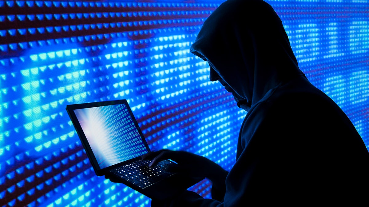 A man in a hoodie looking at a laptop against a blue screen.