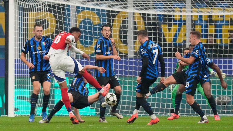 Arsenal's Gabriel is frustrated by Inter's rearguard action as the visitors fall to Champions League defeat in Milan