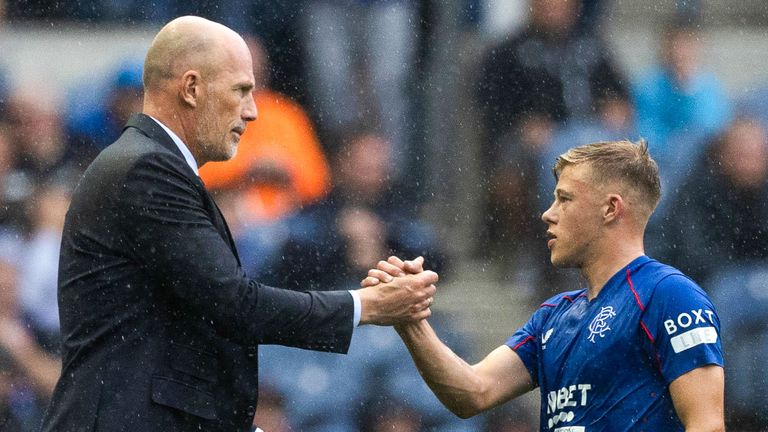 EDINBURGH, SCOTLAND - JULY 20: Rangers Manager Philippe Clement and Connor Barron during a pre-season friendly match between Manchester United and Rangers at Scottish Gas Murrayfield, on July 20, 2024, in Edinburgh, Scotland.  (Photo by Craig Williamson / SNS Group)