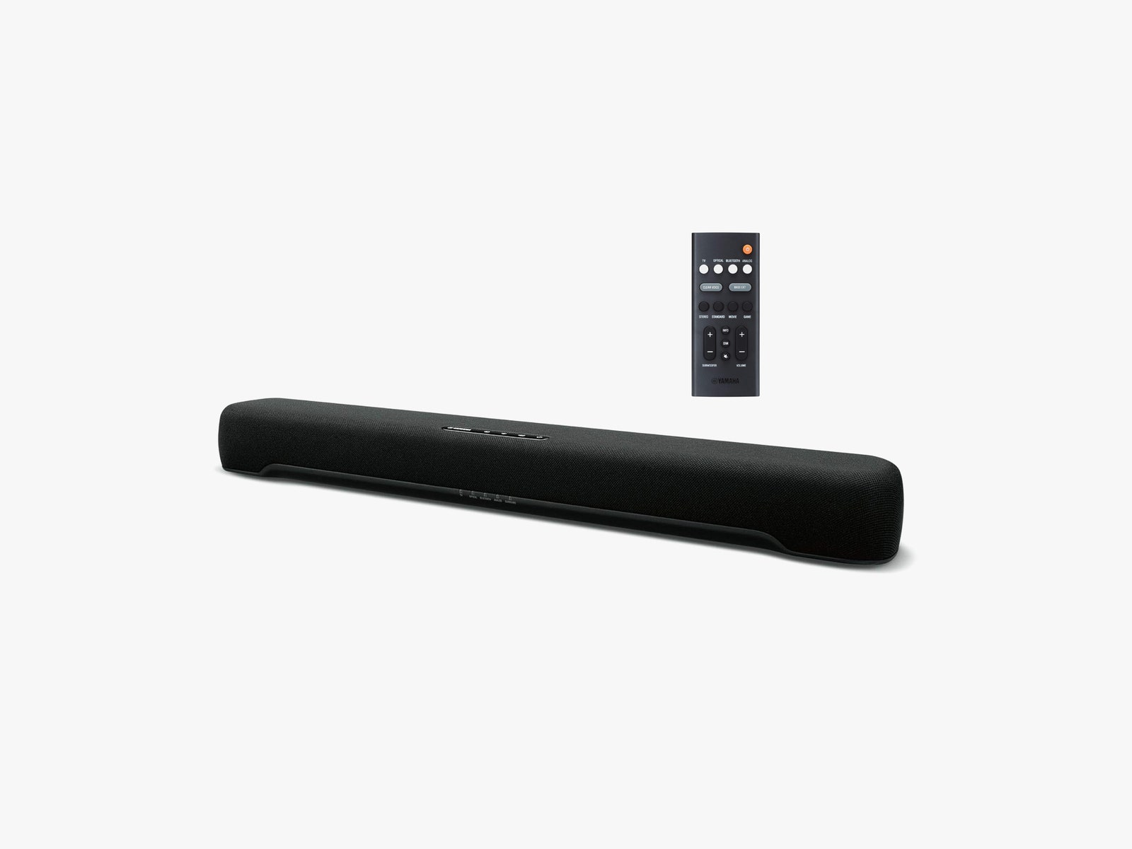 Yamaha SR C20A a black soundbar speaker with a small remote