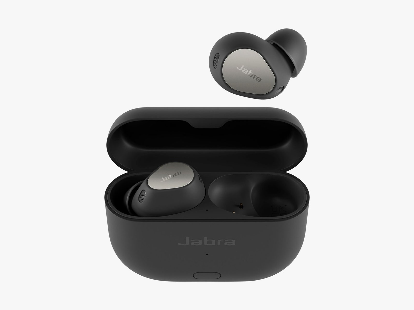 Round black case with 1 earbud inside and the other floating above