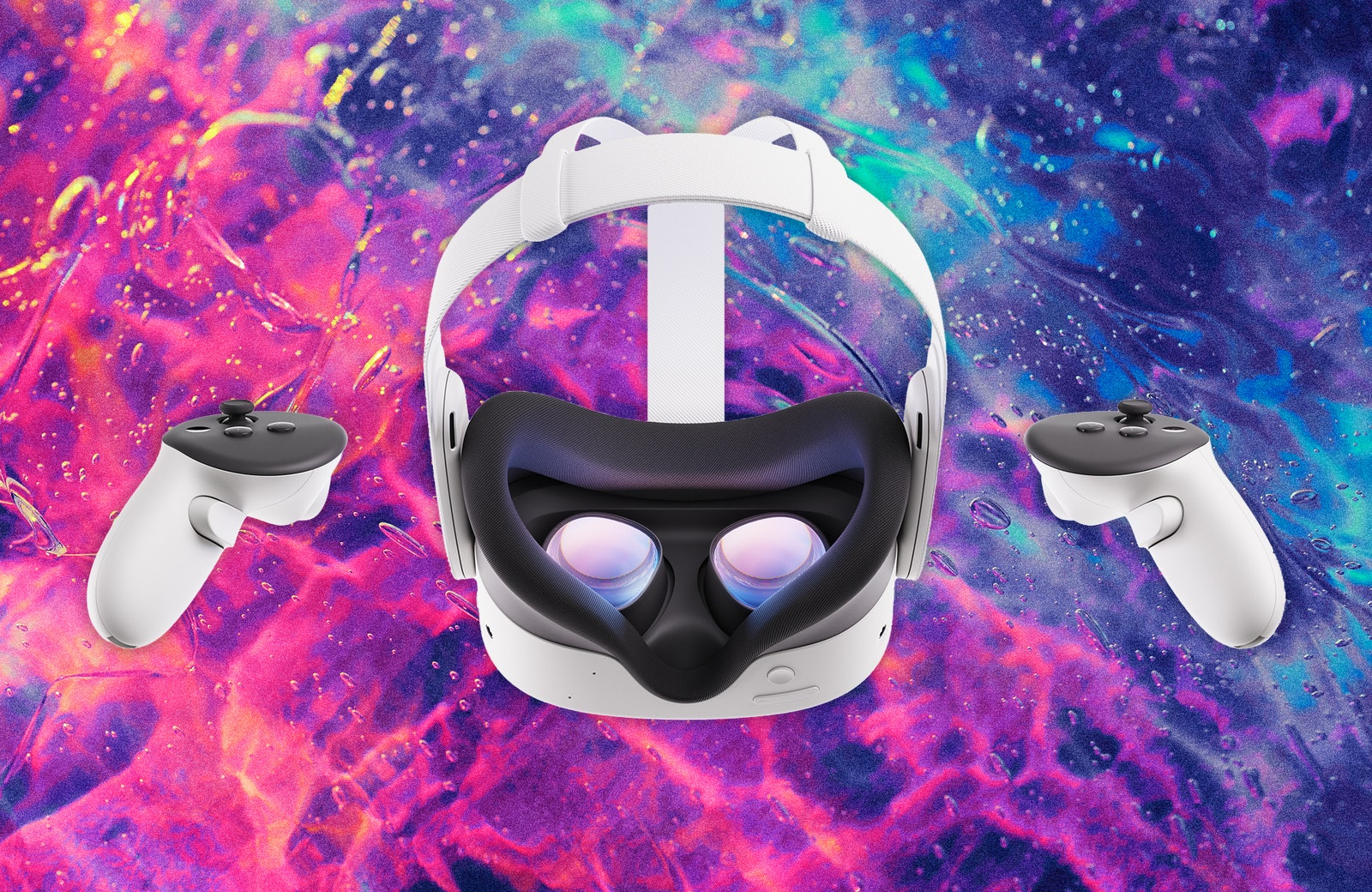 The Meta Quest 3S a virtual reality headset and two controllers. Decorative background pink and purple galaxy gel texture.