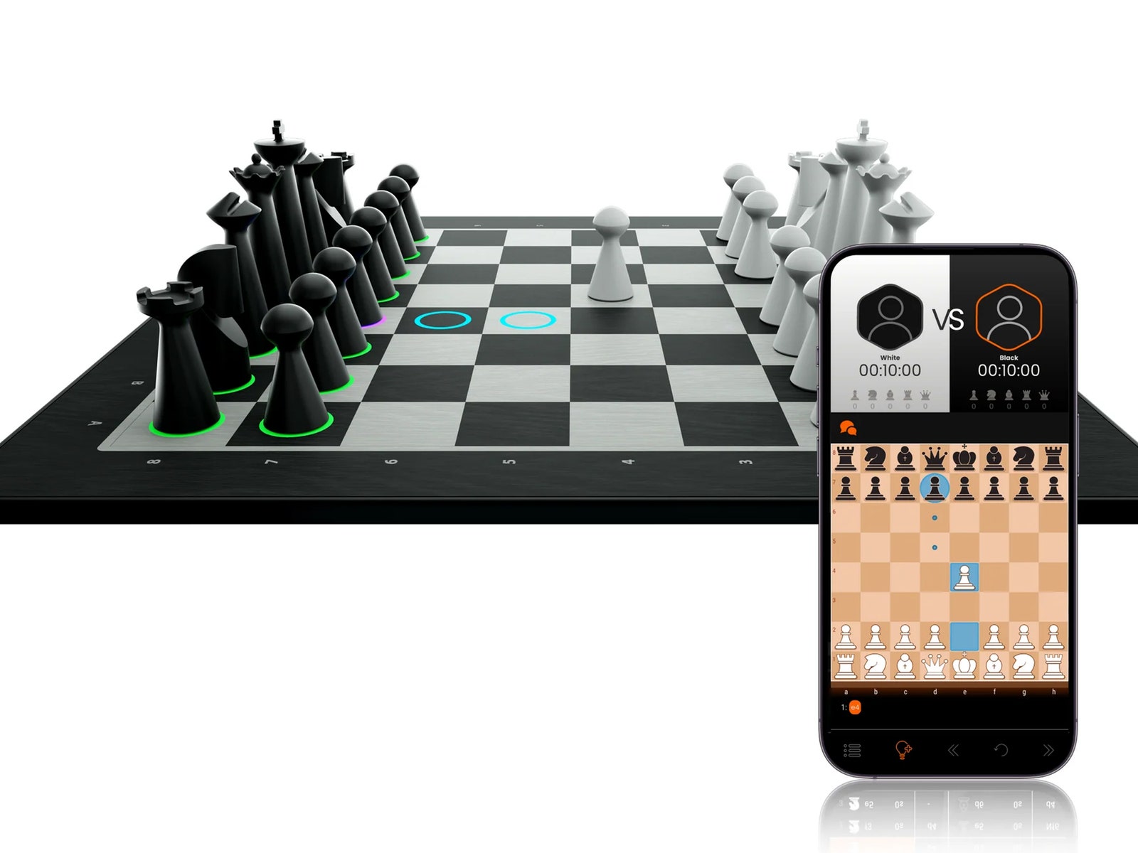 GoChess Mini a digital chessboard with physical pieces and a mobile phone showing the app