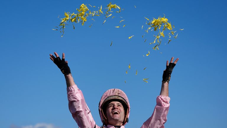 Flavien Prat celebrates after riding Sierra Leone to victory in the Breeders' Cup Classic horse race in Del Mar, Calif., Saturday, Nov. 2, 2024. (AP Photo/Gregory Bull)