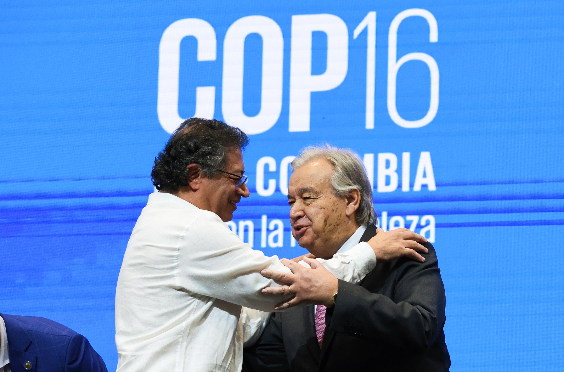 Colombia President Gustavo Petro (left) and UN Secretary-General António Guterres (right) embrace on October 29 at COP16.