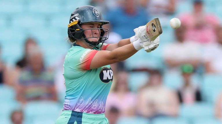 Oval Invincibles Paige Scholfield batting during The Hundred women's match at The Kia Oval, London. Picture date: Tuesday July 23, 2024. PA Photo. See PA Story CRICKET Hundred Women. Photo credit should read: Steven Paston/PA Wire.