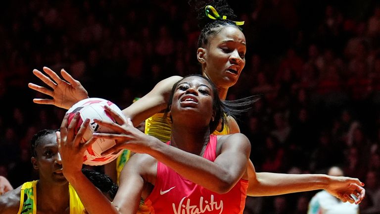 England's Liv Tchine (centre) in action during the Vitality Netball Horizon Series match against Jamaica