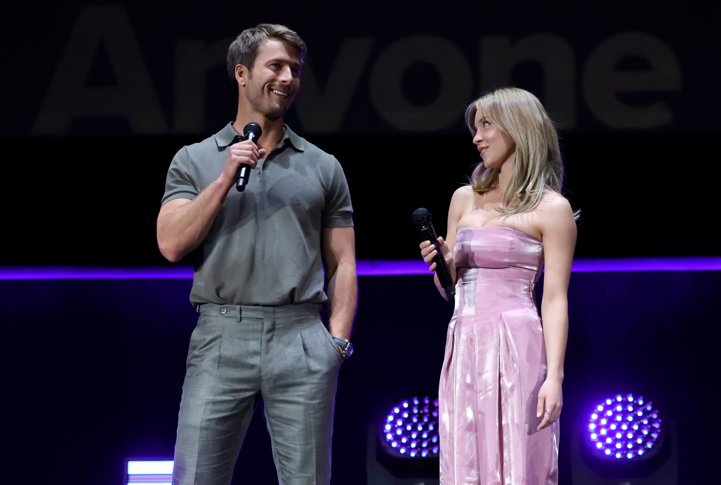 Actors Glen Powell and Sydney Sweeney during opening night of the Sony Pictures Entertainment Presentation at The Colosseum at Caesars Palace during CinemaCon in Las Vegas, Nevada on April 24, 2023.