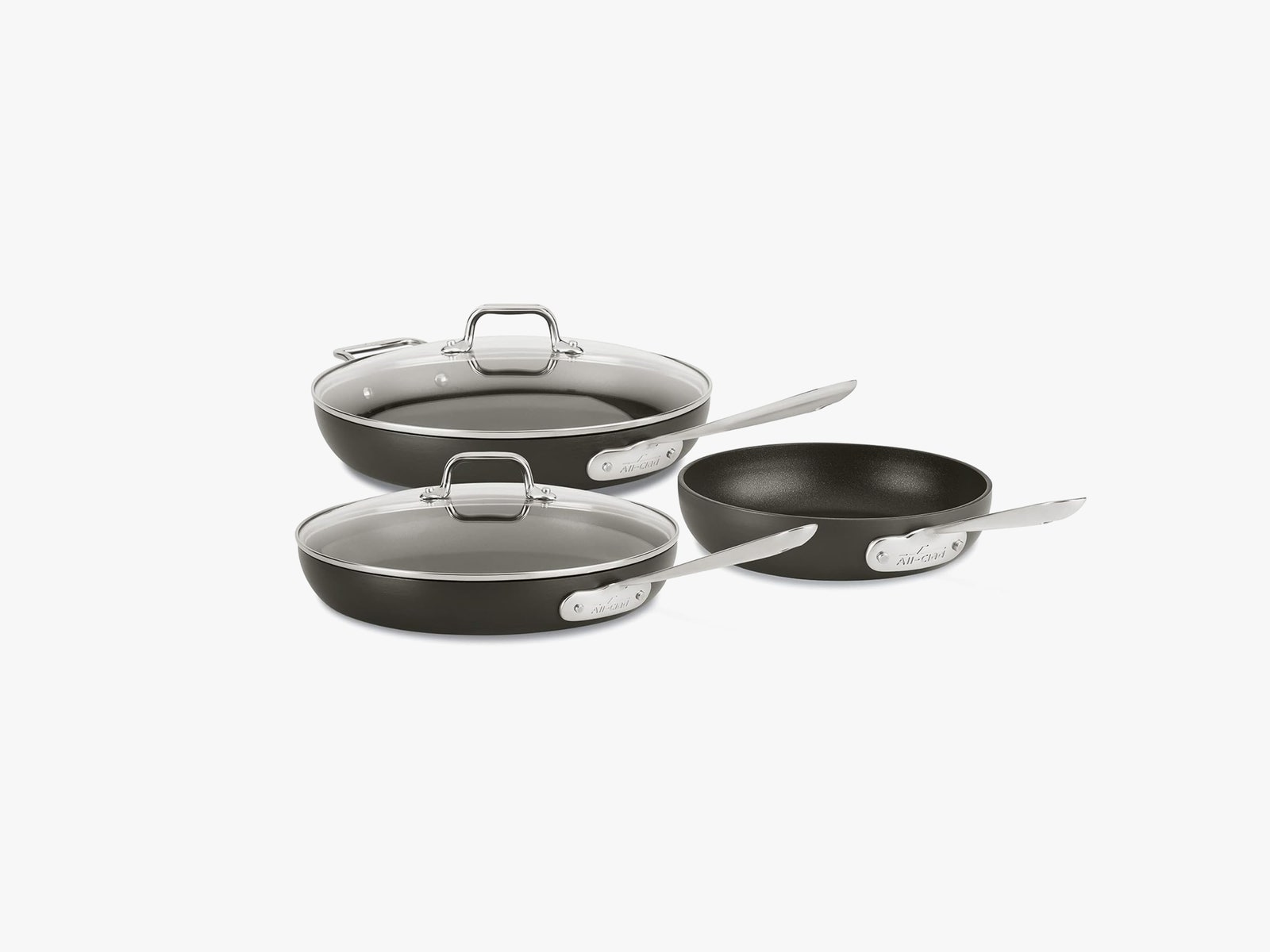 All Clad Nonstick Fry Pan Set with 3 pans and 2 lids