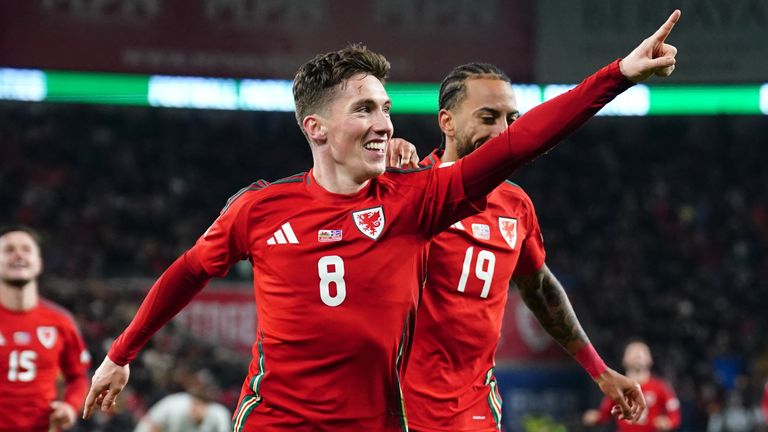 Harry Wilson celebrates scoring the fourth goal for Wales against Iceland