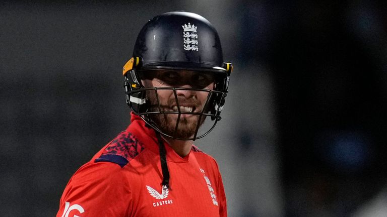 England's Phil Salt walks off the field dismissed on the first ball during the second T20 cricket match against West Indies at Kensington Oval in Bridgetown, Barbados, Sunday, Nov. 10, 2024. (AP Photo/Ricardo Mazalan)