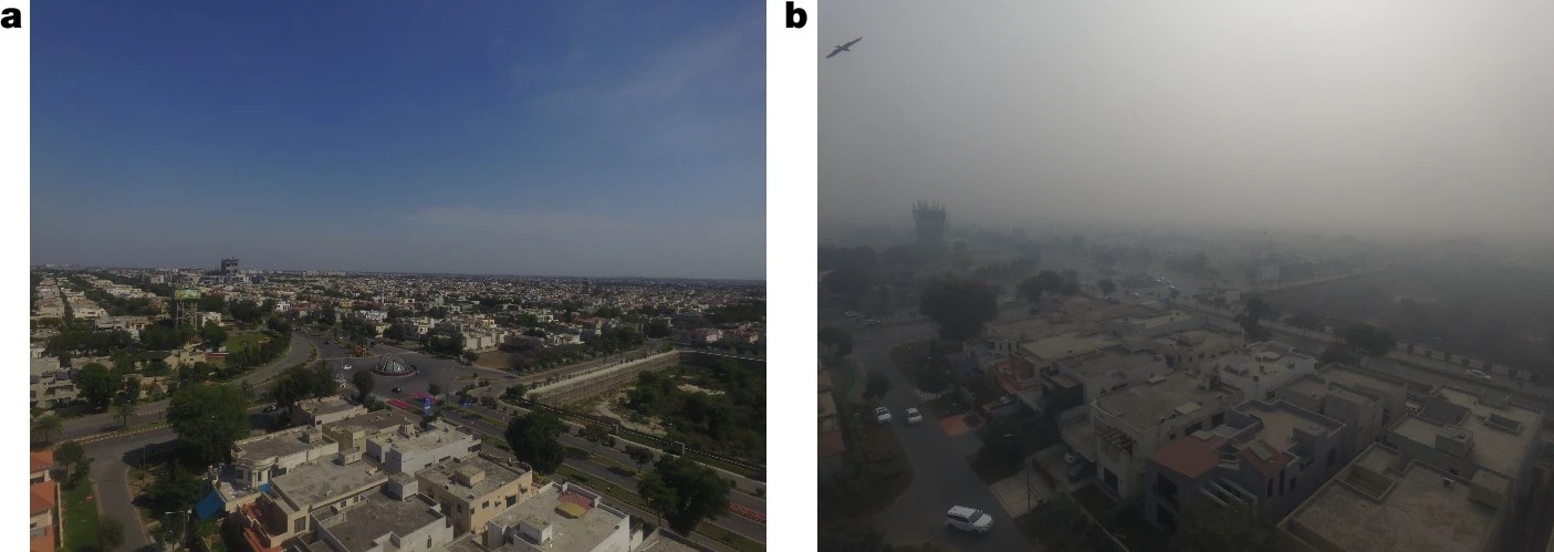 The same cityscape but the left picture shows a clear blue sky and the right shows gray smog.