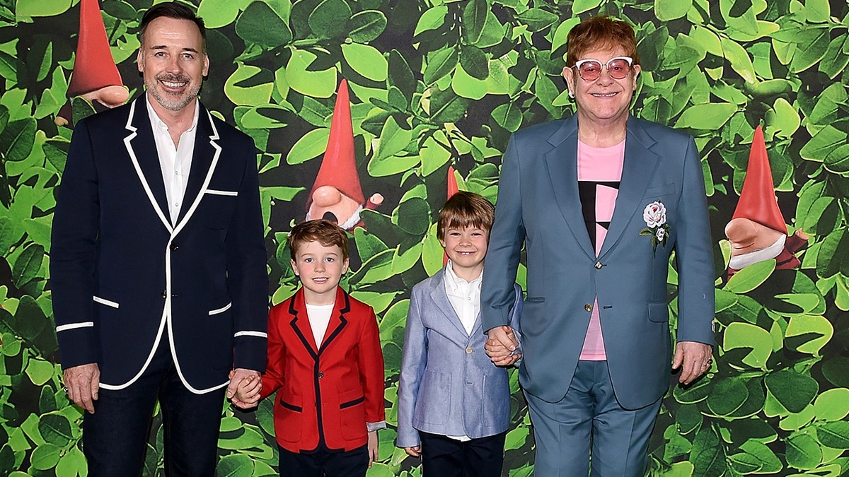 Elton John and his family at the premiere of Sherlock Gnomes.