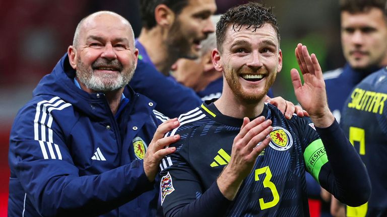 Scotland head coach Steve Clarke and Andy Robertson at full time during the UEFA Nations League 2024/25 League A Group A1 match between Poland and Scotland at the PGE Narodowy, on November 18, 2024, in Warsaw, Poland. (Photo by Craig Williamson / SNS Group)