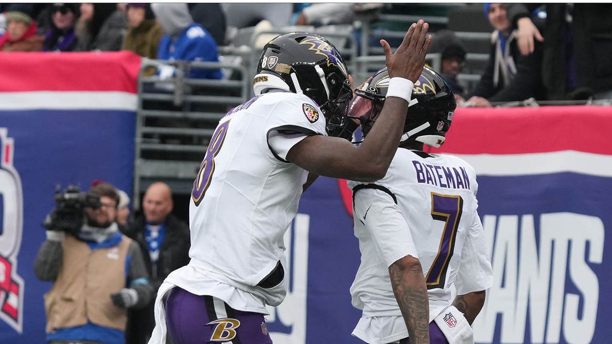 Lamar Jackson and Rashod Bateman celebrate touchdown