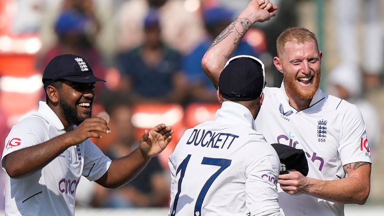 England's captain Ben Stokes, right, celebrates after getting India's Ravindra Jadeja run out on the fourth day of the first cricket test match between England and India in Hyderabad, India, Sunday, Jan. 28, 2024. (AP Photo/Mahesh Kumar A.)