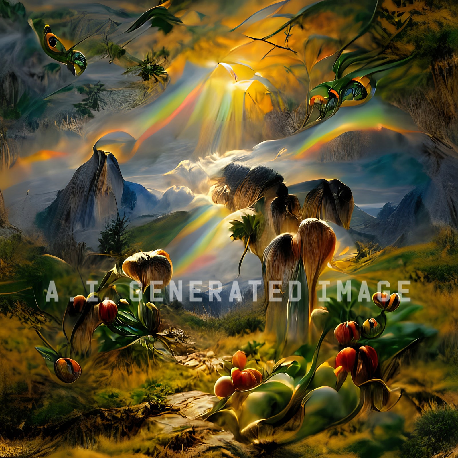 Image may contain Plant Vegetation Art Painting Jungle Nature Outdoors Adult Person Sunlight Animal and Fish